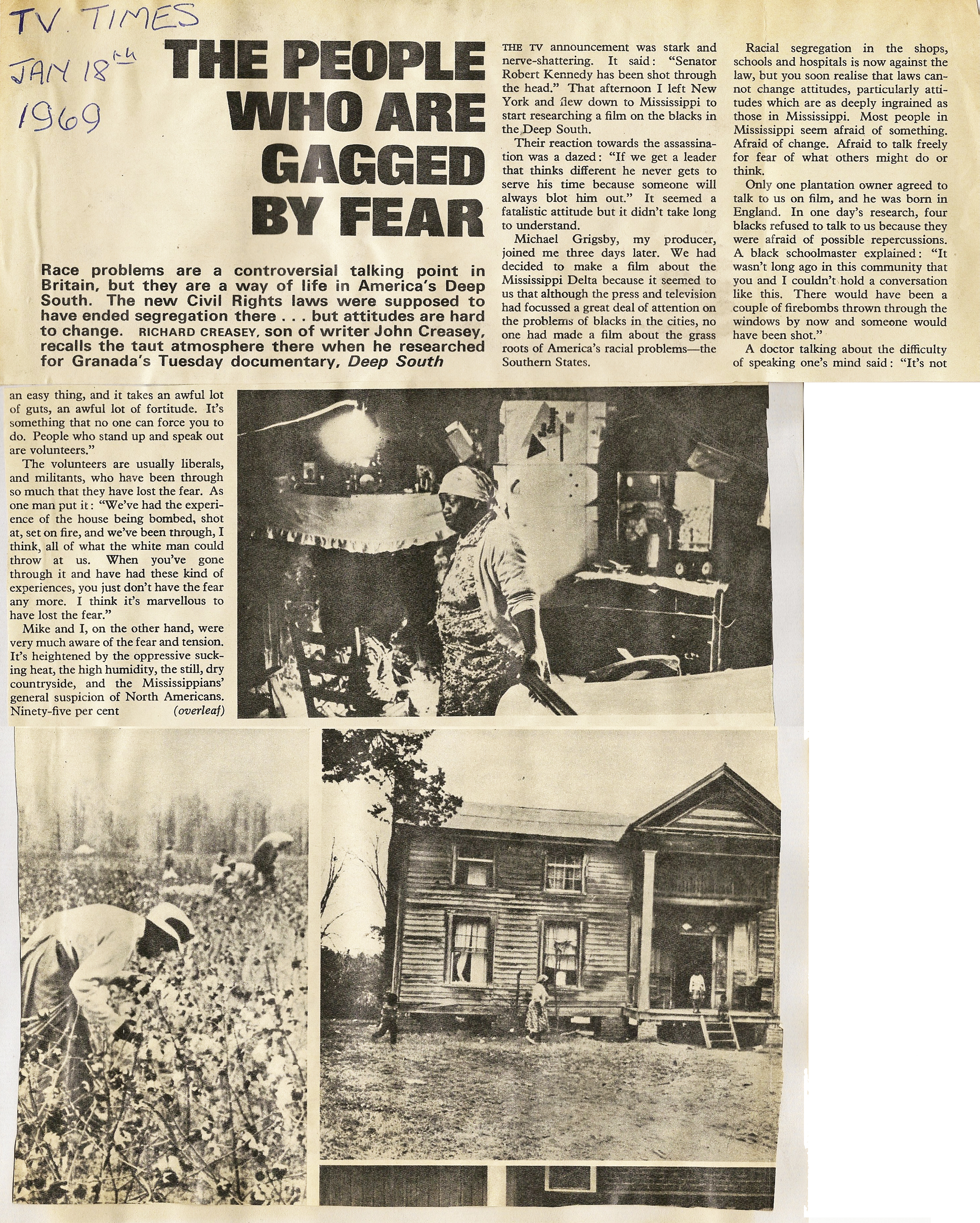Article clipping from Richard Creasey's television stories